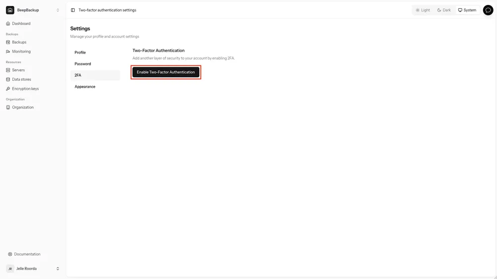 A screenshot highlighting the 'Enable Two-Factor Authentication' button in BeepBackup