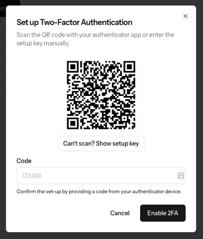 A screenshot showing the pop-up to enable 2FA in BeepBackup. The modal features a QR code which you can scan and an input field for the code. Alternatively, one can click the button to show the setup key. You can copy the setup key to an app that does not support scanning.