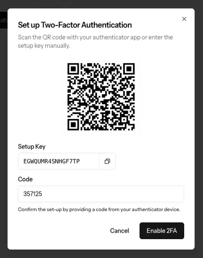 A screenshot showing the pop-up to enable 2FA in BeepBackup. It shows a filled out code input field after setting up the authenticator with the key.