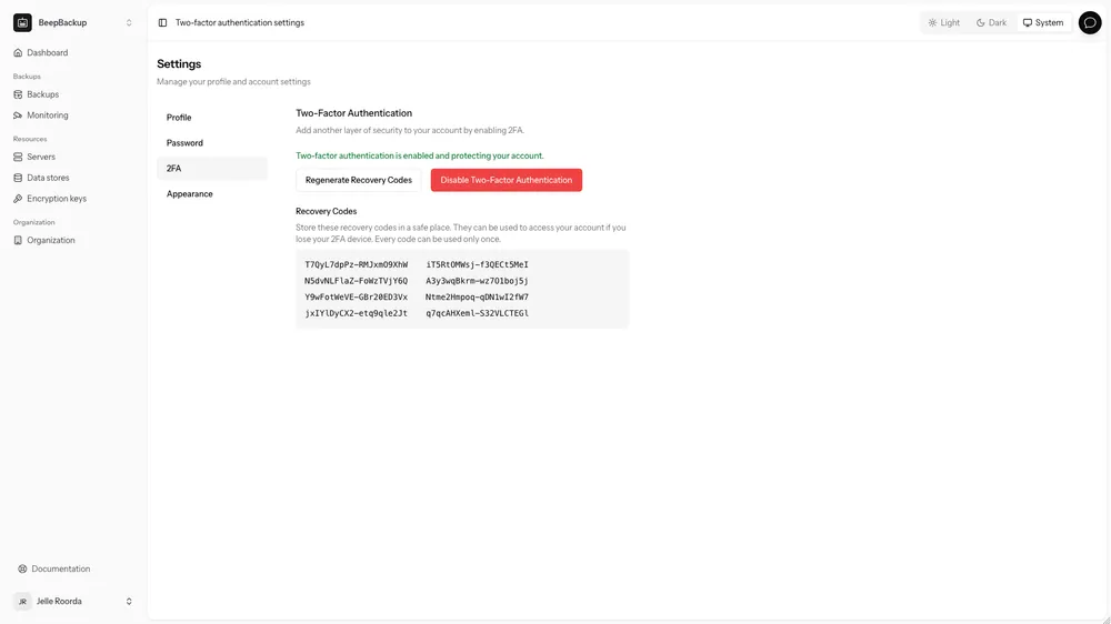 A screenshot showing generated recovery codes after enabling 2FA in BeepBackup