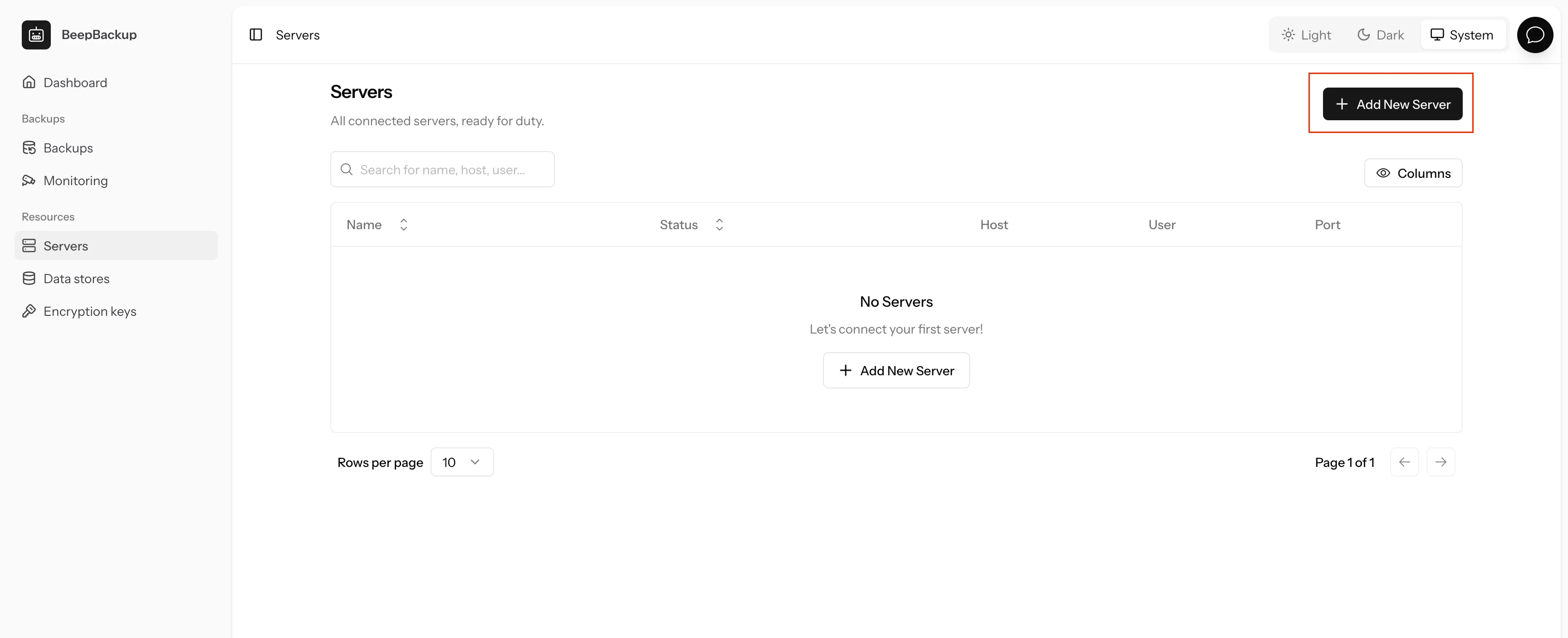 A screenshot highlighting the 'Add New Server' button on the top-right in BeepBackup