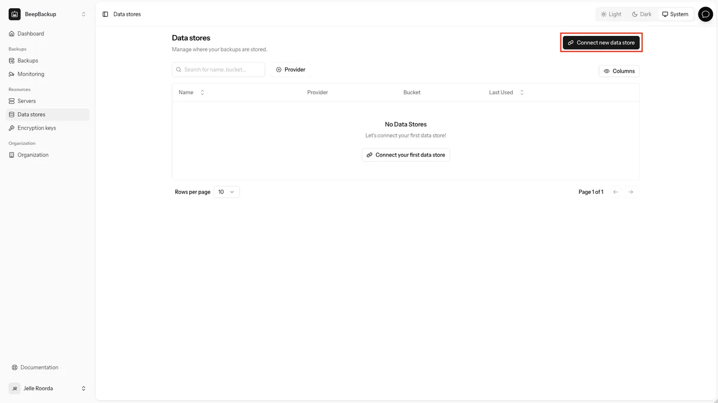 A screenshot highlighting the 'Connect new data store' button on the top-right in BeepBackup