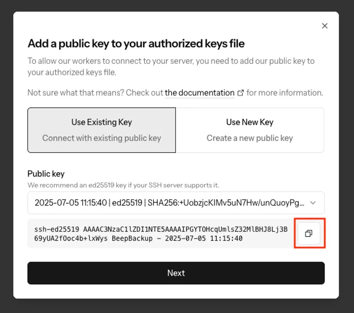 A screenshot highlighting the 'Copy' button in the 'Create Server' modal in BeepBackup.