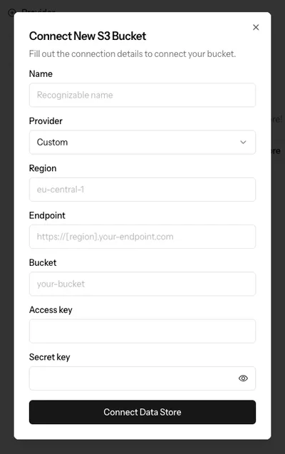 A screenshot showing the fields: name, provider, region, endpoint, bucket, access key and secret key fields. in the 'Connect new S3 bucket' modal.