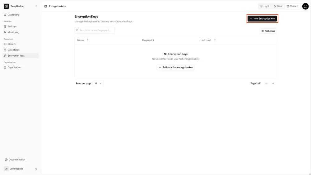 A screenshot highlighting the 'New Encryption Key' button in the top-right in BeepBackup.
