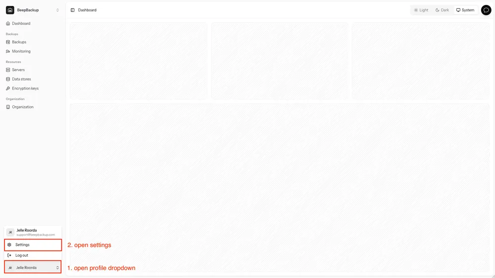 A screenshot highlighting the settings option inside the opened profile dropdown on the bottom-left op BeepBackup