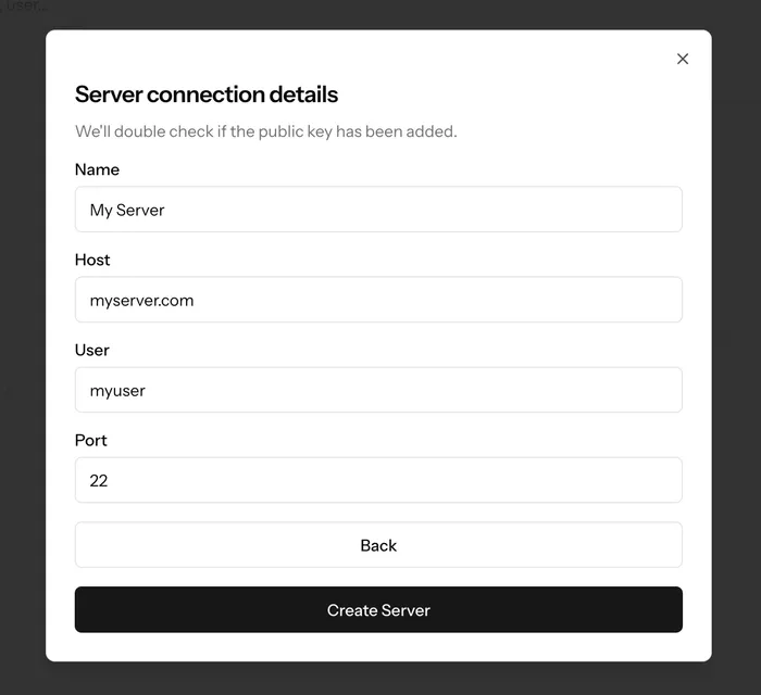 A screenshot showing the fields: name, host, user and port in the 'Create Server' modal in BeepBackup.