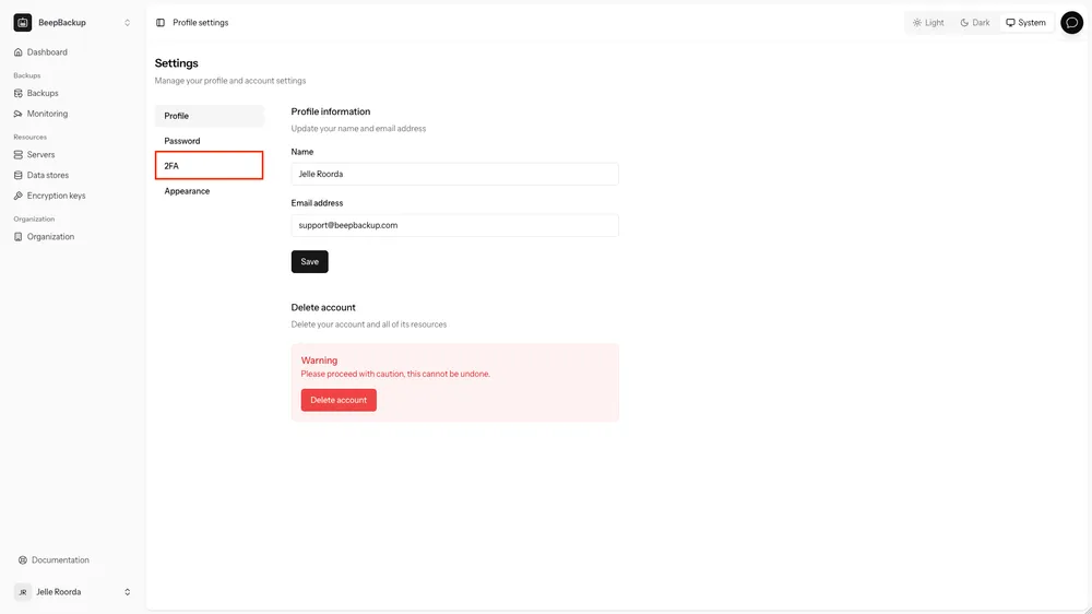 A screenshot highlighting the 2FA tab inside the settings page in BeepBackup